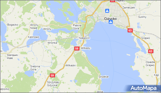 mapa Wilkasy gmina Giżycko, Wilkasy gmina Giżycko na mapie Targeo