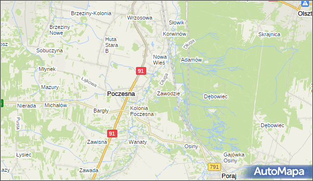 mapa Zawodzie gmina Poczesna, Zawodzie gmina Poczesna na mapie Targeo