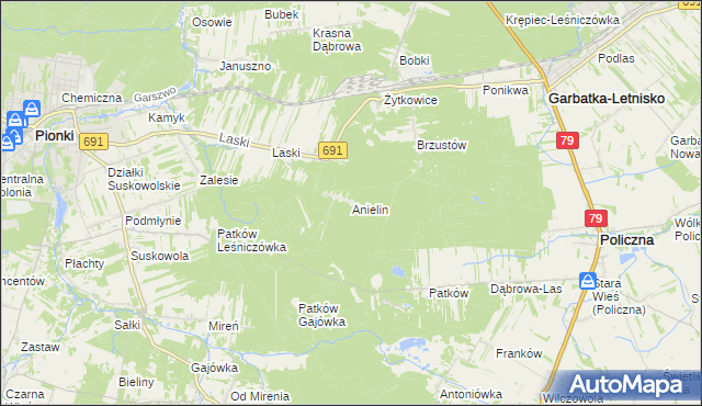 mapa Anielin gmina Garbatka-Letnisko, Anielin gmina Garbatka-Letnisko na mapie Targeo