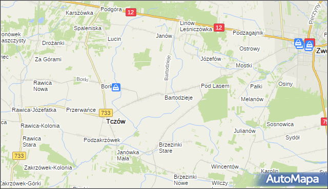 mapa Bartodzieje gmina Tczów, Bartodzieje gmina Tczów na mapie Targeo