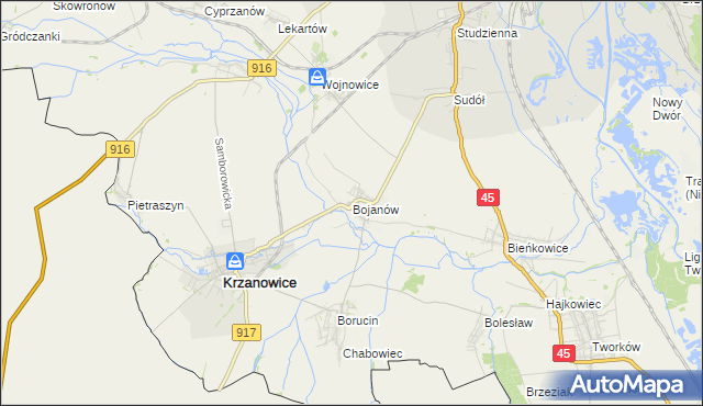 mapa Bojanów gmina Krzanowice, Bojanów gmina Krzanowice na mapie Targeo