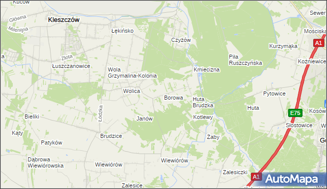 mapa Borowa gmina Dobryszyce, Borowa gmina Dobryszyce na mapie Targeo