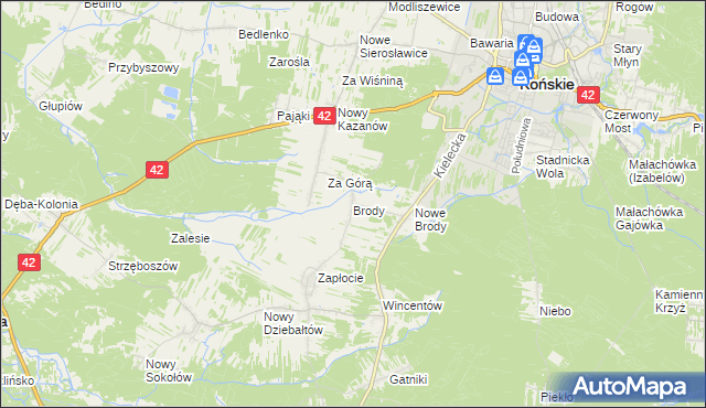 mapa Brody gmina Końskie, Brody gmina Końskie na mapie Targeo