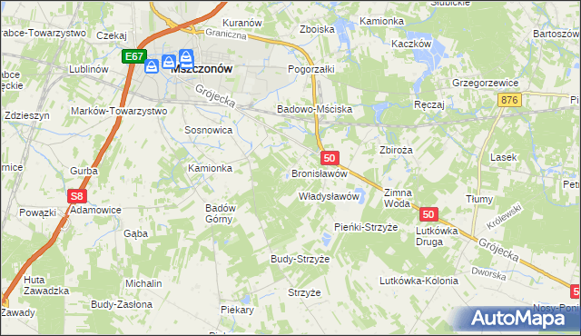 mapa Bronisławów gmina Mszczonów, Bronisławów gmina Mszczonów na mapie Targeo
