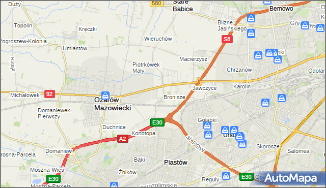 mapa Bronisze gmina Ożarów Mazowiecki, Bronisze gmina Ożarów Mazowiecki na mapie Targeo
