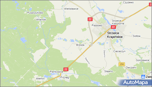 mapa Brzoza gmina Strzelce Krajeńskie, Brzoza gmina Strzelce Krajeńskie na mapie Targeo