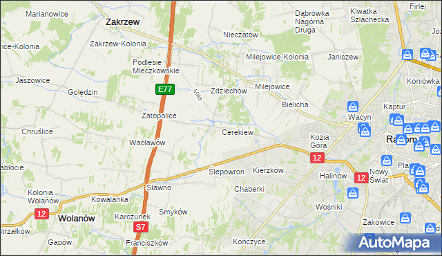 mapa Cerekiew gmina Zakrzew, Cerekiew gmina Zakrzew na mapie Targeo