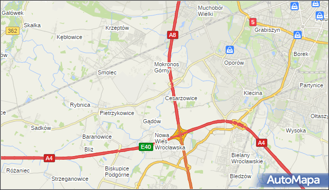 mapa Cesarzowice gmina Kąty Wrocławskie, Cesarzowice gmina Kąty Wrocławskie na mapie Targeo