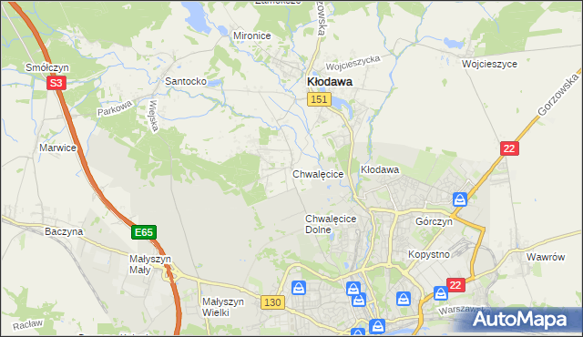 mapa Chwalęcice gmina Kłodawa, Chwalęcice gmina Kłodawa na mapie Targeo