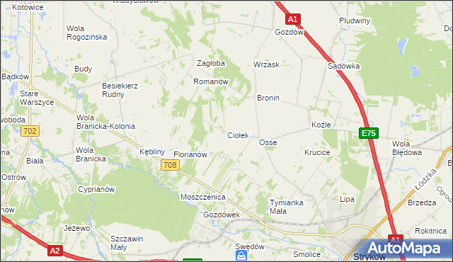 mapa Ciołek gmina Stryków, Ciołek gmina Stryków na mapie Targeo