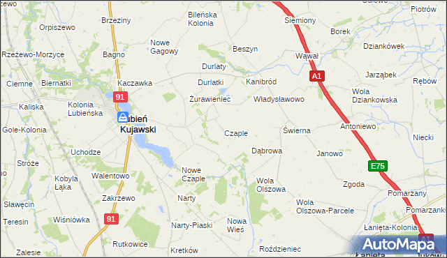 mapa Czaple gmina Lubień Kujawski, Czaple gmina Lubień Kujawski na mapie Targeo