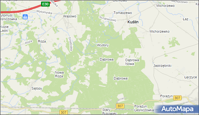 mapa Dąbrowa gmina Kuślin, Dąbrowa gmina Kuślin na mapie Targeo