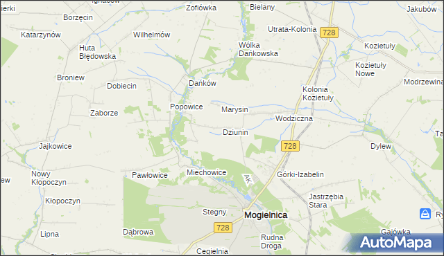 mapa Dziunin gmina Mogielnica, Dziunin gmina Mogielnica na mapie Targeo