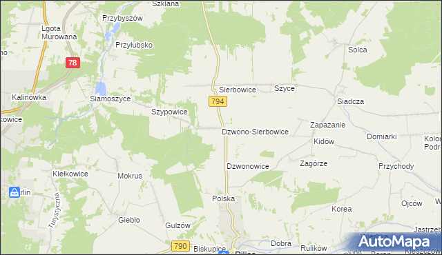 mapa Dzwono-Sierbowice, Dzwono-Sierbowice na mapie Targeo