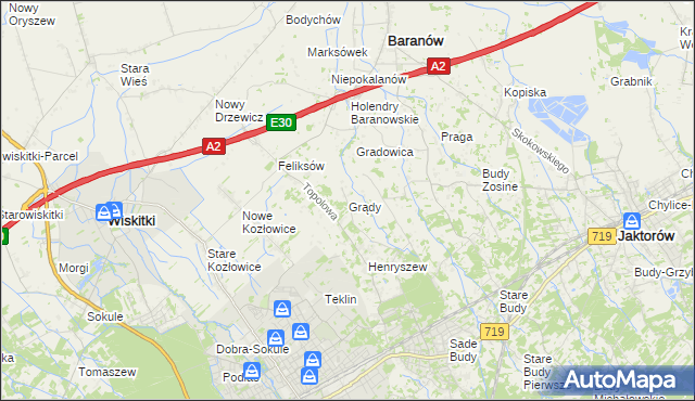 mapa Grądy gmina Jaktorów, Grądy gmina Jaktorów na mapie Targeo