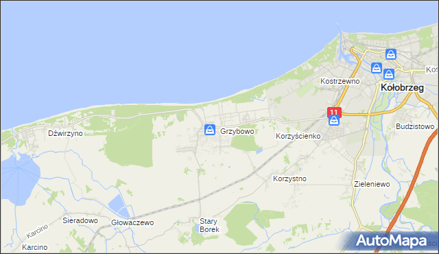 mapa Grzybowo gmina Kołobrzeg, Grzybowo gmina Kołobrzeg na mapie Targeo