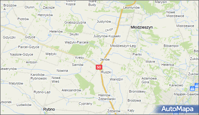 mapa Janów gmina Młodzieszyn, Janów gmina Młodzieszyn na mapie Targeo
