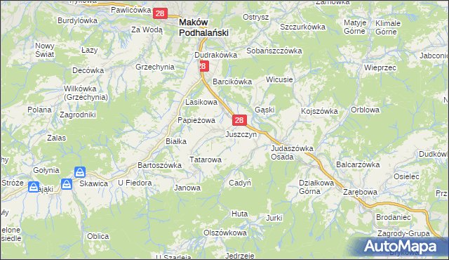 mapa Juszczyn gmina Maków Podhalański, Juszczyn gmina Maków Podhalański na mapie Targeo