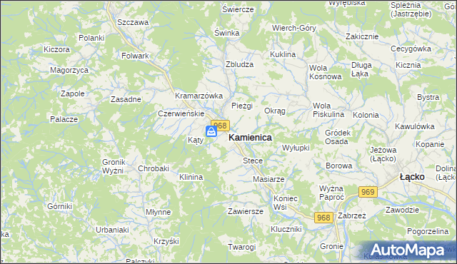 mapa Kamienica powiat limanowski, Kamienica powiat limanowski na mapie Targeo