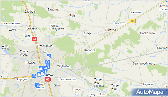 mapa Karwacz gmina Łuków, Karwacz gmina Łuków na mapie Targeo