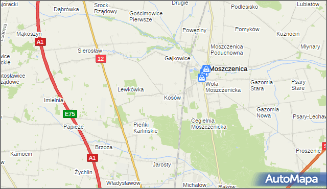 mapa Kosów gmina Moszczenica, Kosów gmina Moszczenica na mapie Targeo