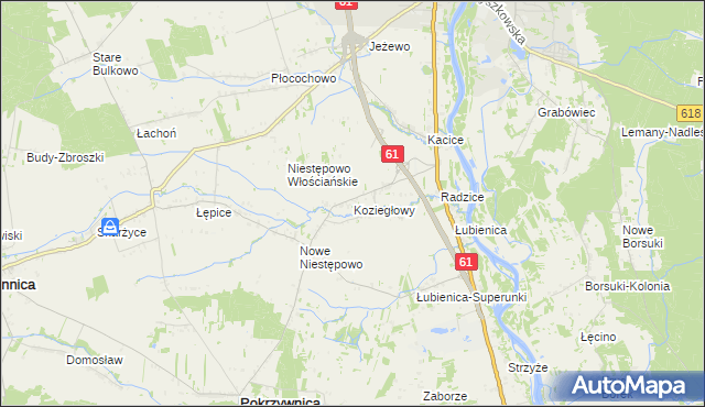 mapa Koziegłowy gmina Pokrzywnica, Koziegłowy gmina Pokrzywnica na mapie Targeo