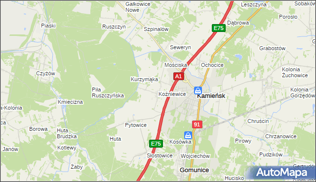 mapa Koźniewice, Koźniewice na mapie Targeo