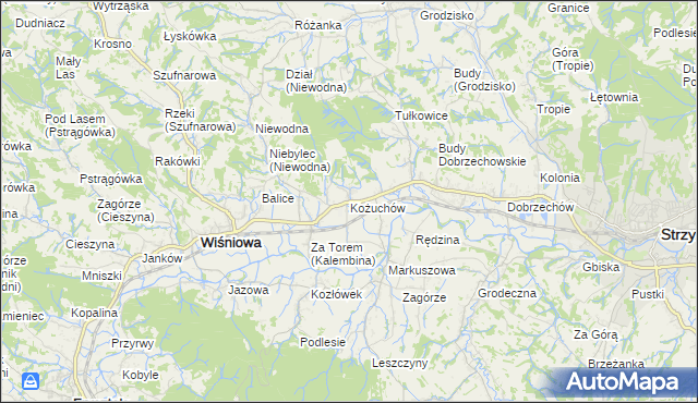 mapa Kożuchów gmina Wiśniowa, Kożuchów gmina Wiśniowa na mapie Targeo