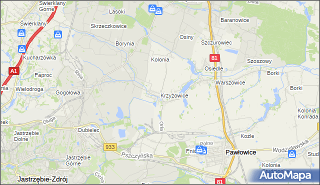 mapa Krzyżowice gmina Pawłowice, Krzyżowice gmina Pawłowice na mapie Targeo