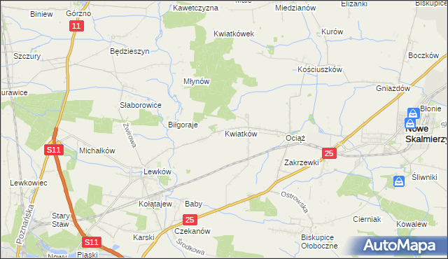 mapa Kwiatków gmina Ostrów Wielkopolski, Kwiatków gmina Ostrów Wielkopolski na mapie Targeo