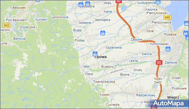 mapa Lipowa powiat żywiecki, Lipowa powiat żywiecki na mapie Targeo