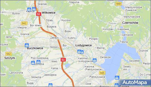 mapa Łodygowice powiat żywiecki, Łodygowice powiat żywiecki na mapie Targeo