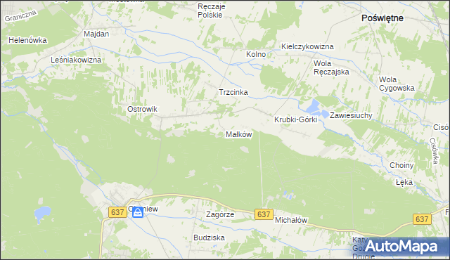 mapa Małków gmina Poświętne, Małków gmina Poświętne na mapie Targeo