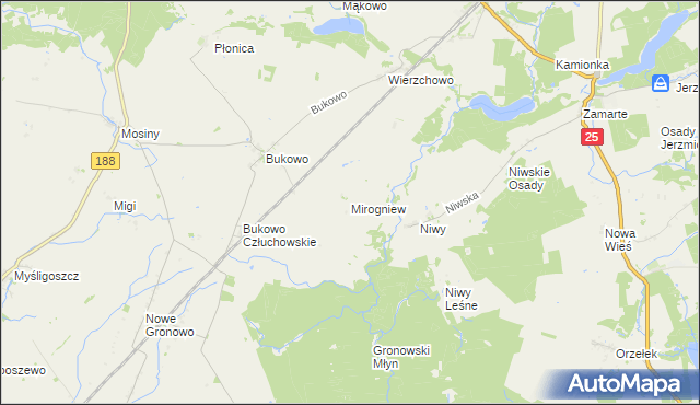 mapa Mirogniew gmina Człuchów, Mirogniew gmina Człuchów na mapie Targeo