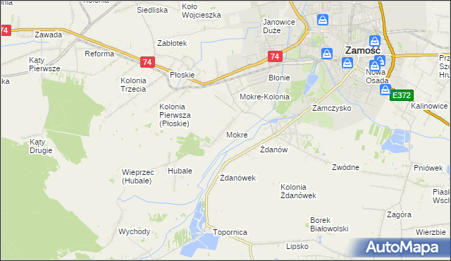 mapa Mokre gmina Zamość, Mokre gmina Zamość na mapie Targeo