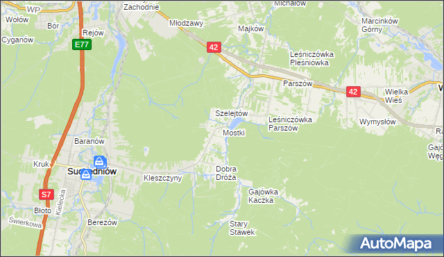 mapa Mostki gmina Suchedniów, Mostki gmina Suchedniów na mapie Targeo