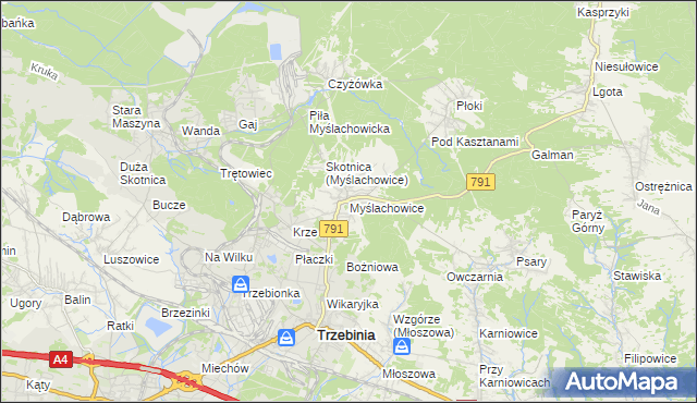 mapa Myślachowice, Myślachowice na mapie Targeo