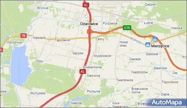 mapa Myszkowice gmina Bobrowniki, Myszkowice gmina Bobrowniki na mapie Targeo