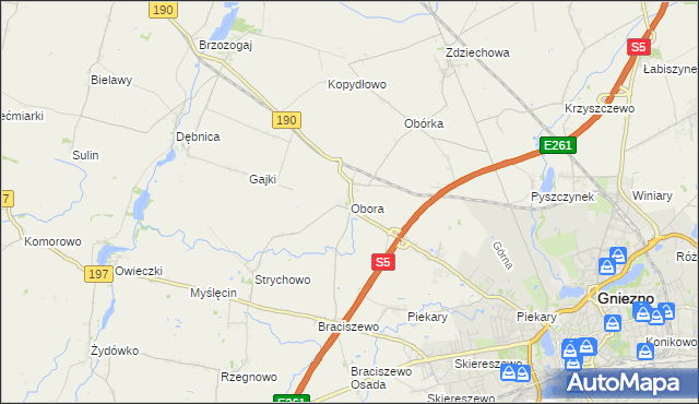 mapa Obora gmina Gniezno, Obora gmina Gniezno na mapie Targeo