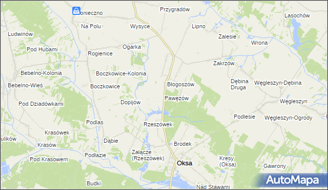 mapa Pawęzów gmina Oksa, Pawęzów gmina Oksa na mapie Targeo