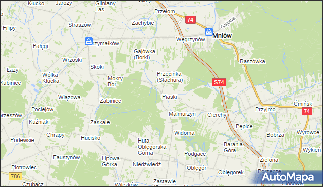mapa Piaski gmina Mniów, Piaski gmina Mniów na mapie Targeo