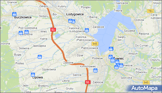 mapa Pietrzykowice gmina Łodygowice, Pietrzykowice gmina Łodygowice na mapie Targeo