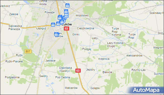 mapa Podgaj gmina Łuków, Podgaj gmina Łuków na mapie Targeo