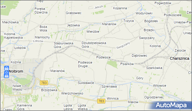 mapa Podlesice gmina Charsznica, Podlesice gmina Charsznica na mapie Targeo