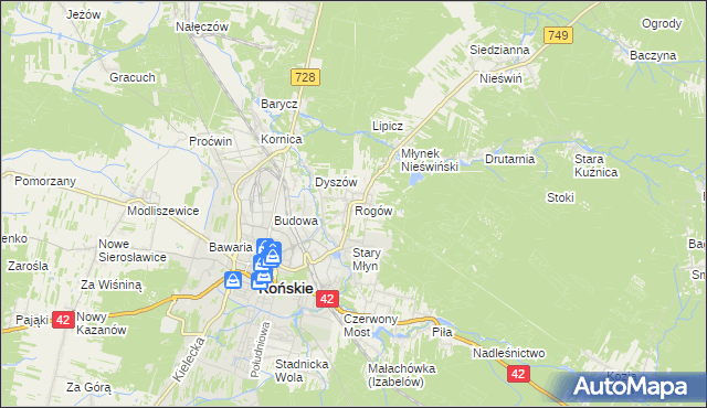 mapa Rogów gmina Końskie, Rogów gmina Końskie na mapie Targeo