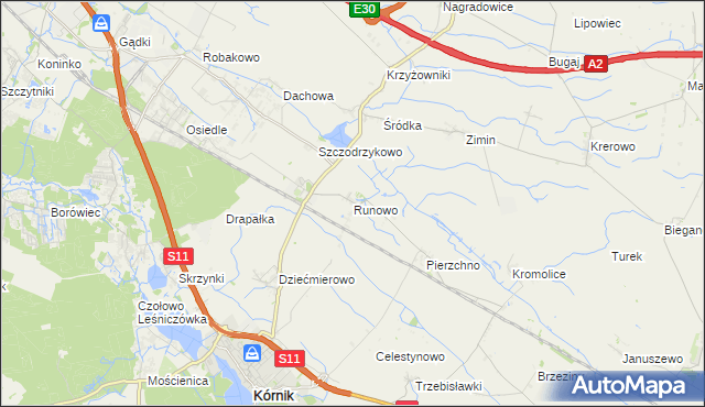 mapa Runowo gmina Kórnik, Runowo gmina Kórnik na mapie Targeo