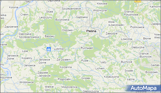 mapa Rychwałd gmina Pleśna, Rychwałd gmina Pleśna na mapie Targeo