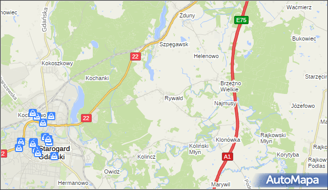 mapa Rywałd gmina Starogard Gdański, Rywałd gmina Starogard Gdański na mapie Targeo