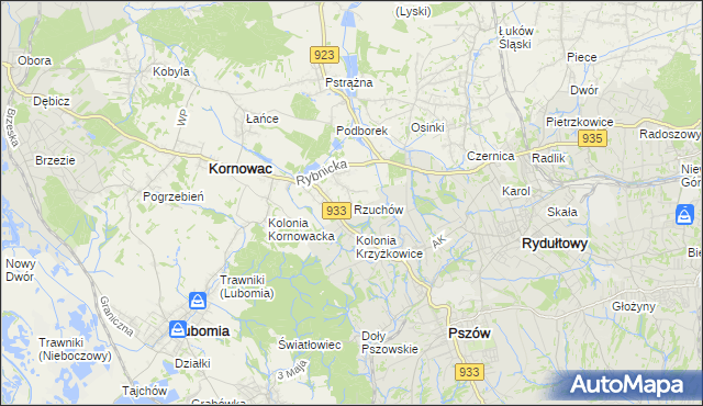 mapa Rzuchów gmina Kornowac, Rzuchów gmina Kornowac na mapie Targeo