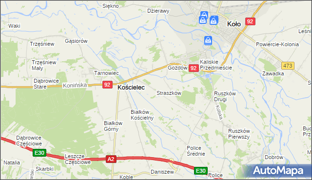 mapa Straszków gmina Kościelec, Straszków gmina Kościelec na mapie Targeo